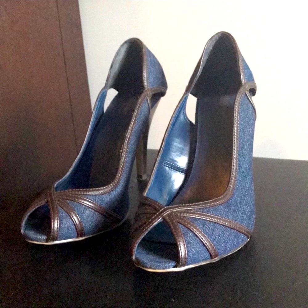 Women's Blue Denim Peep-Toe High Heels with Brown Trim